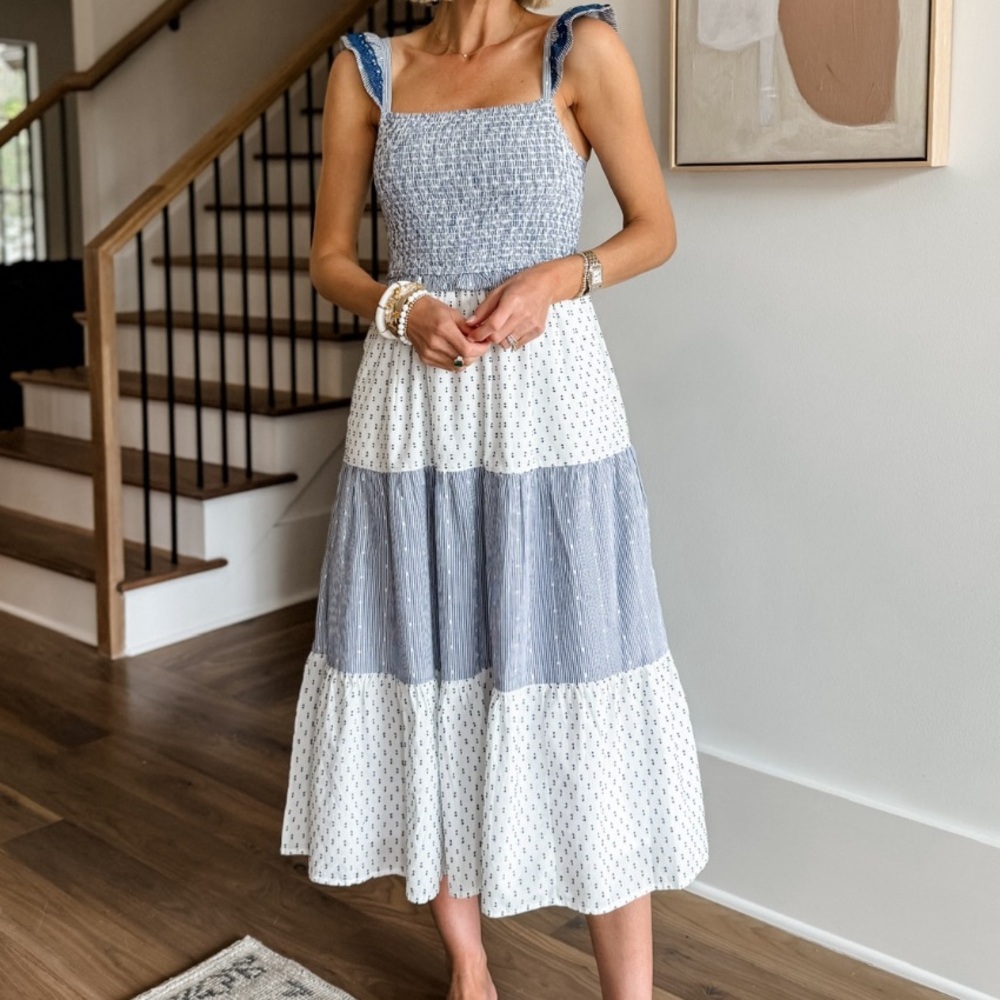 J. Crew Factory Blue and White Tiered Midi Dress